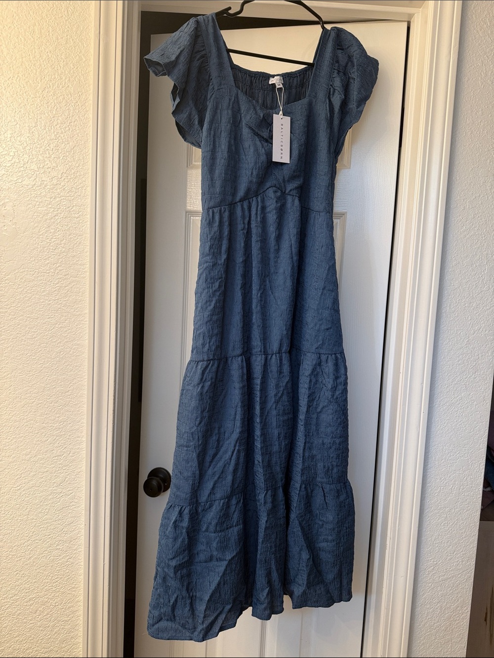 Baltic Born Denim-Blue Tiered Maxi Dress with Flutter Sleeves